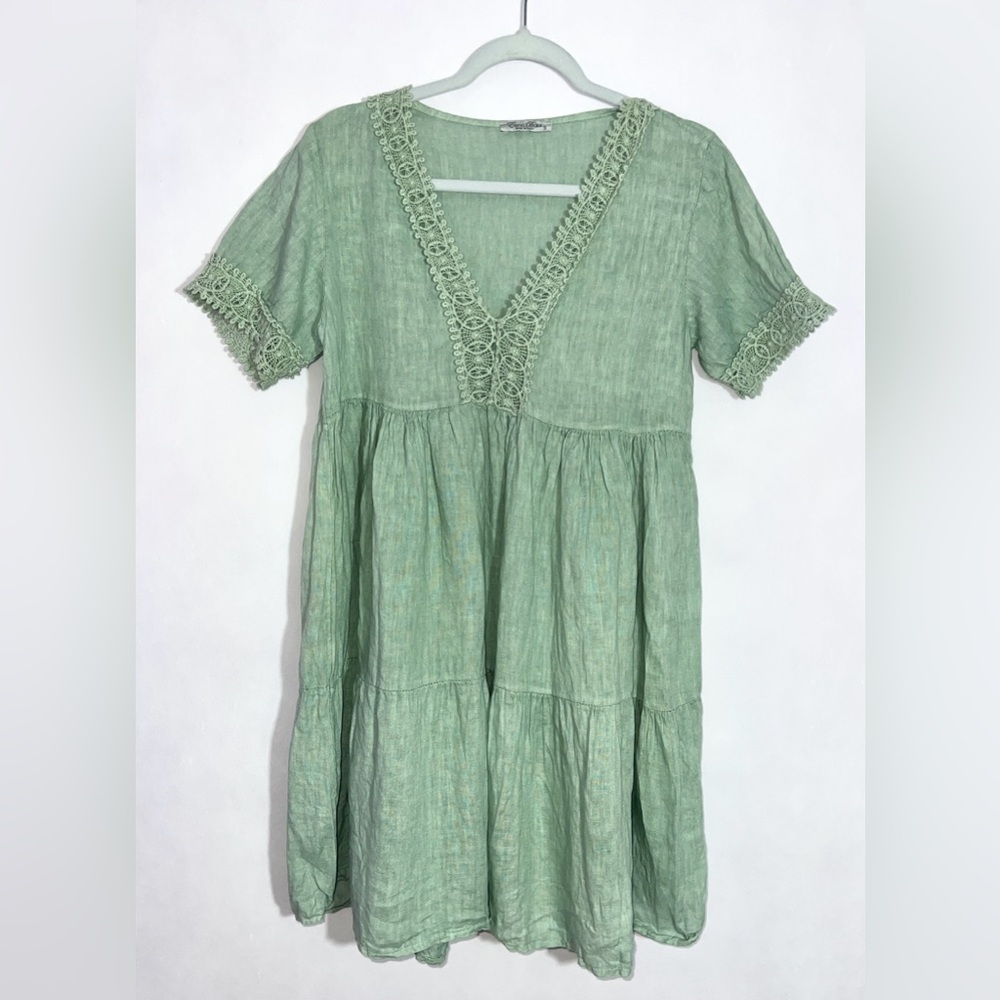 ELENA BALDI 100% LINEN SAGE GREEN TAB SLEEVE DRESS ITALY SIZE‎ S